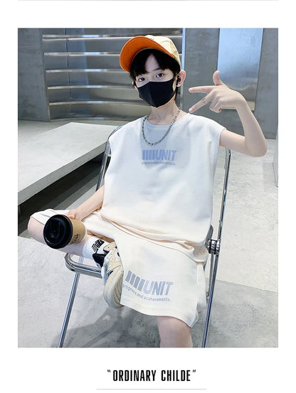 Teenage Summer Tracksuit for Boy with Shorts Tshirt 2 Piece Top and Bottom Clothes Set Kids Child Casual Cotton Outfit Suit Wear