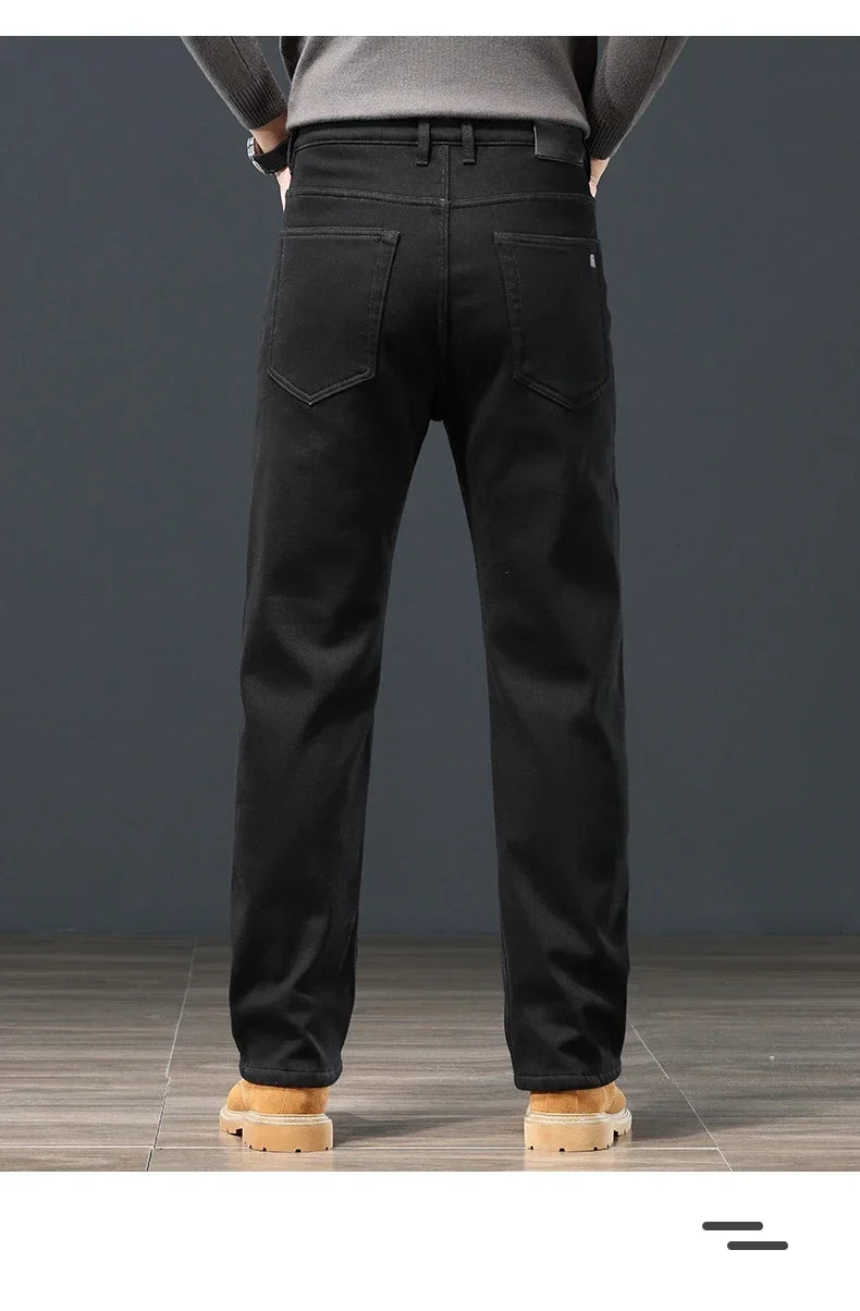 Winter Men's Fleece Warm Jeans Classic Black Plush Loose Straight Business Casual Pants Thermal Male Clothing 40 42 44