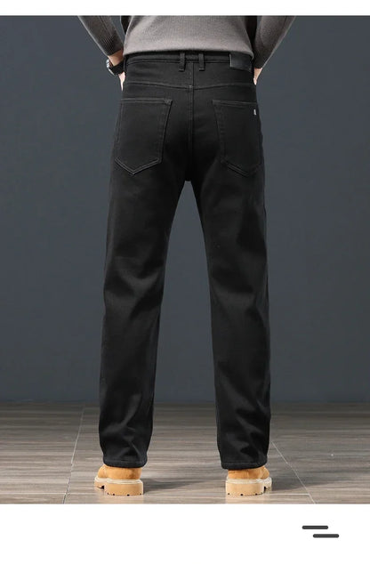 Winter Men's Fleece Warm Jeans Classic Black Plush Loose Straight Business Casual Pants Thermal Male Clothing 40 42 44