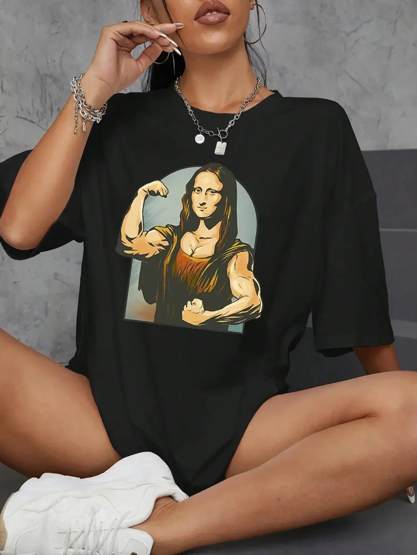 Playing Pranks on Mona Lisa Fitness Print Womens T Shirt Casual T-Shirt Casual Short Sleeve Loose Tshirt