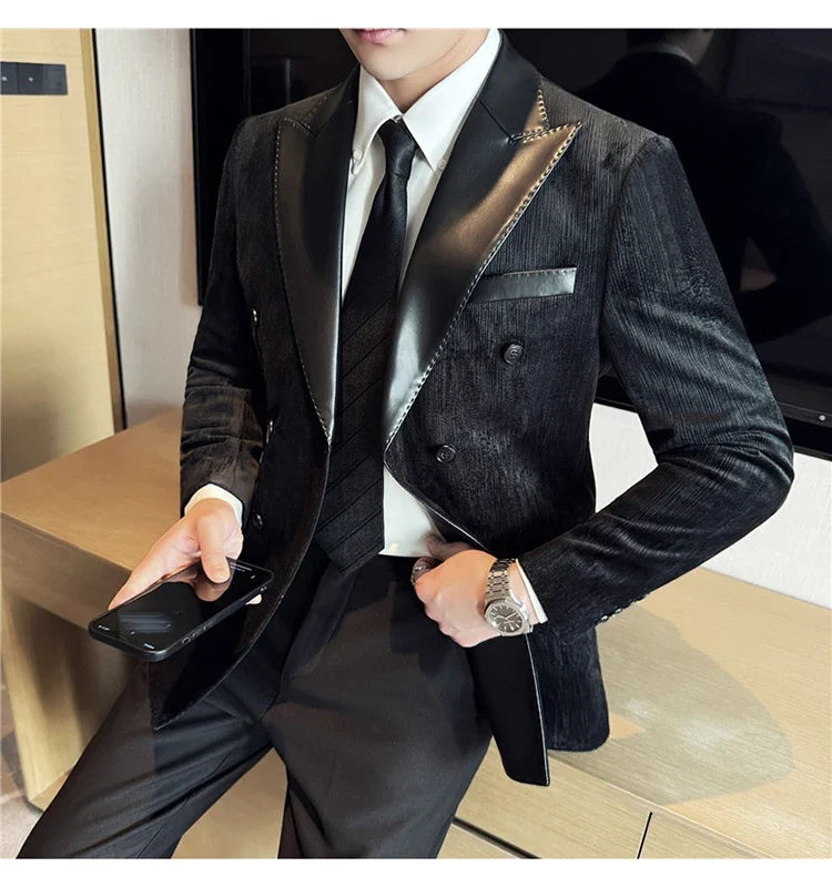 British Style Luxury Men Double Breasted Suit Jacket High Quality Fashion PU Leather Neck Spliced Coats Groom Social Party Dress