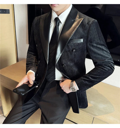 British Style Luxury Men Double Breasted Suit Jacket High Quality Fashion PU Leather Neck Spliced Coats Groom Social Party Dress
