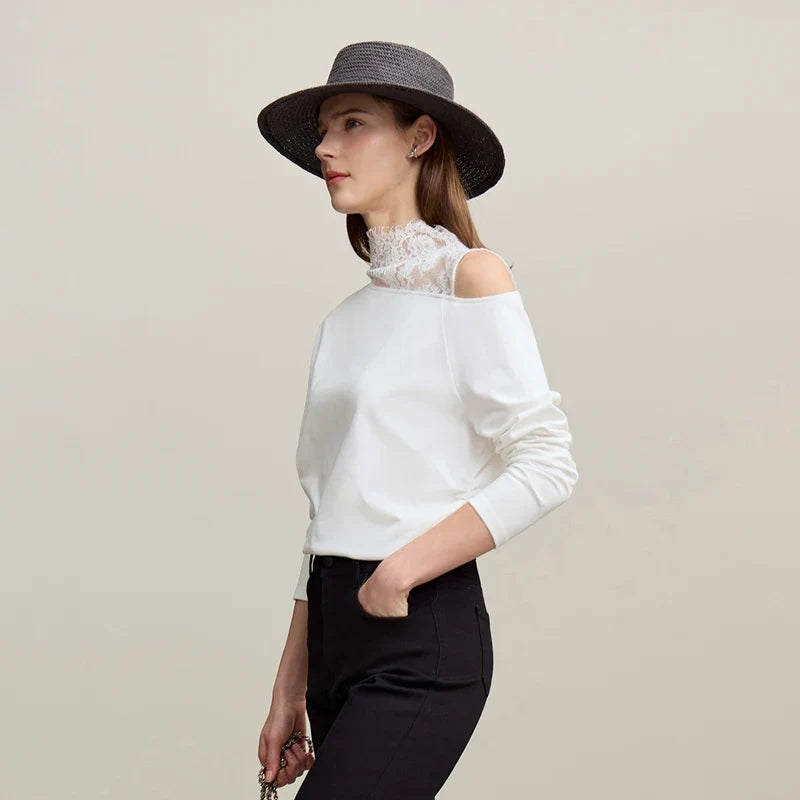 Long Sleeve T-shirt 2026 Autumn New Elegant Commuter Cotton Lace T-shirt Loose Off-the-shoulder Casual Women's Top 12641026
