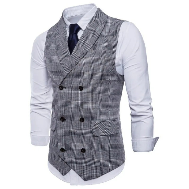 Men Vest Vintage Plaid Turn Down Collar Male Suit Vest Slim Double-breasted Sleeveless Business Casual Man Waistcoat