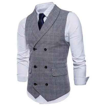Men Vest Vintage Plaid Turn Down Collar Male Suit Vest Slim Double-breasted Sleeveless Business Casual Man Waistcoat