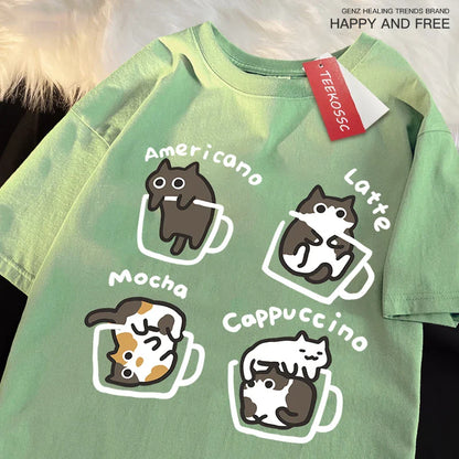 American Style Coffee Cat Japanese Style Tshirts Man Casual Breathable Cotton Loose Summer T-Shirt Loose Cotton Oversize T Shirt