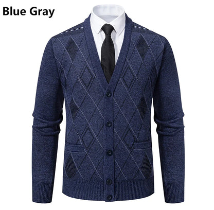 Men Plaid Cardigan V-neck Fleece Sweater Men's  Autumn Clothing Classic Cardigans Jacket Button Mens Knitting Outwear