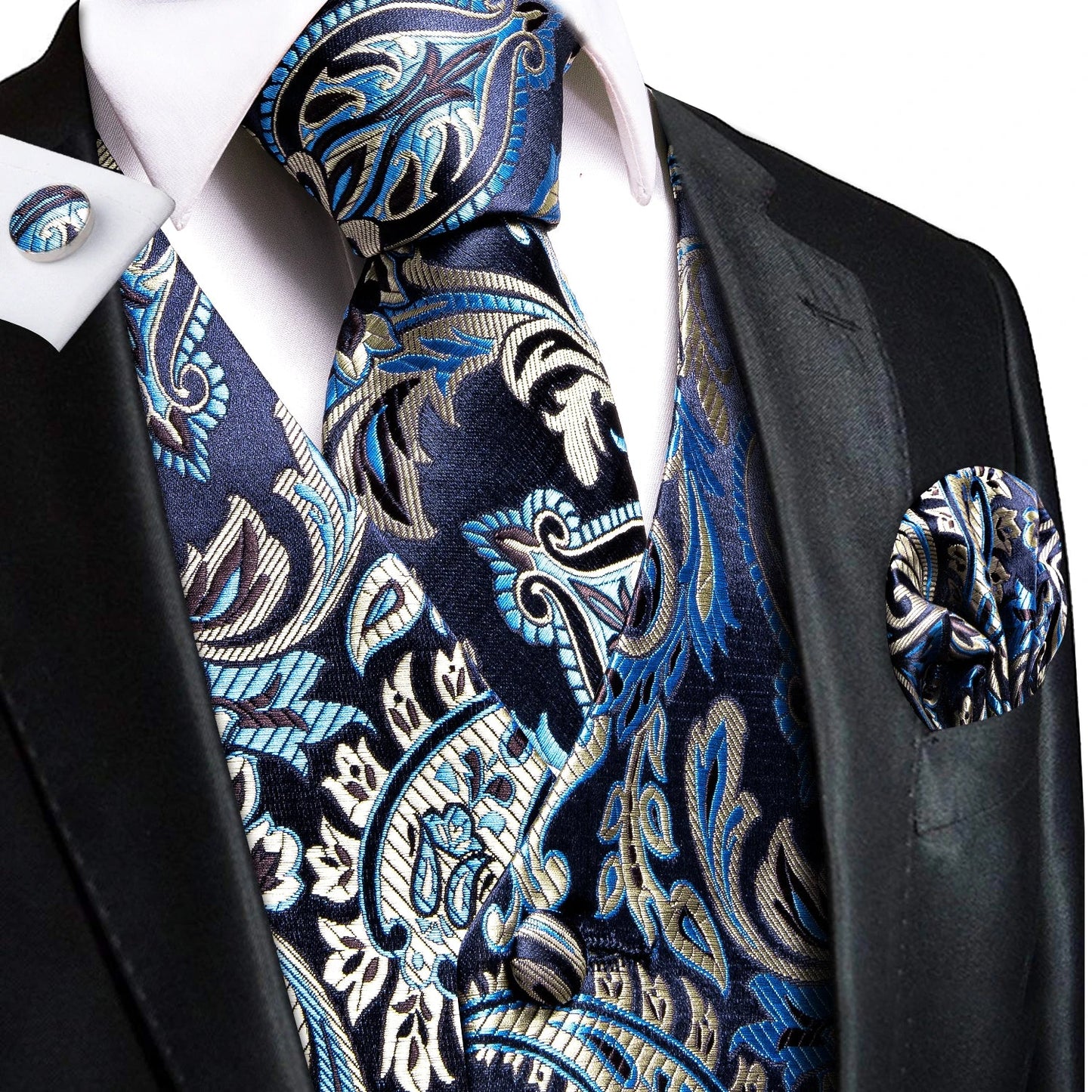 Ivory Beige Champagne Gold Mens Vests Tie Hankerchief Cufflinks Set Jacquard Vine Waistcoat for Men Suit Dress
