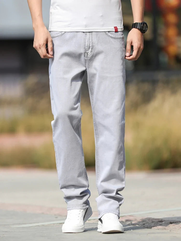 2026 Summer Brand New Men's Straight Loose Thin Jeans Simple Casual Clothing Lightweight Cotton Stretch Light Grey Jeans