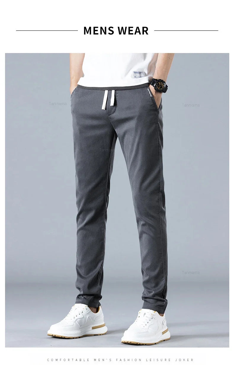 Spring Summer Men's Casual Pants Korean Fashion Cotton Thin Soft Elastic Slim Business Trousers Black Green Khaki