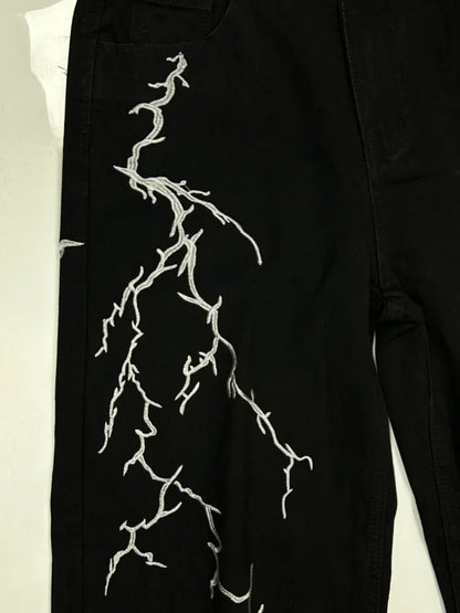 Y2k Fashion Baggy Jeans Black Men's Streetwear Straight Oversize Wide-leg Pants Vintage Lightning Pattern Loose Denim Trousers
