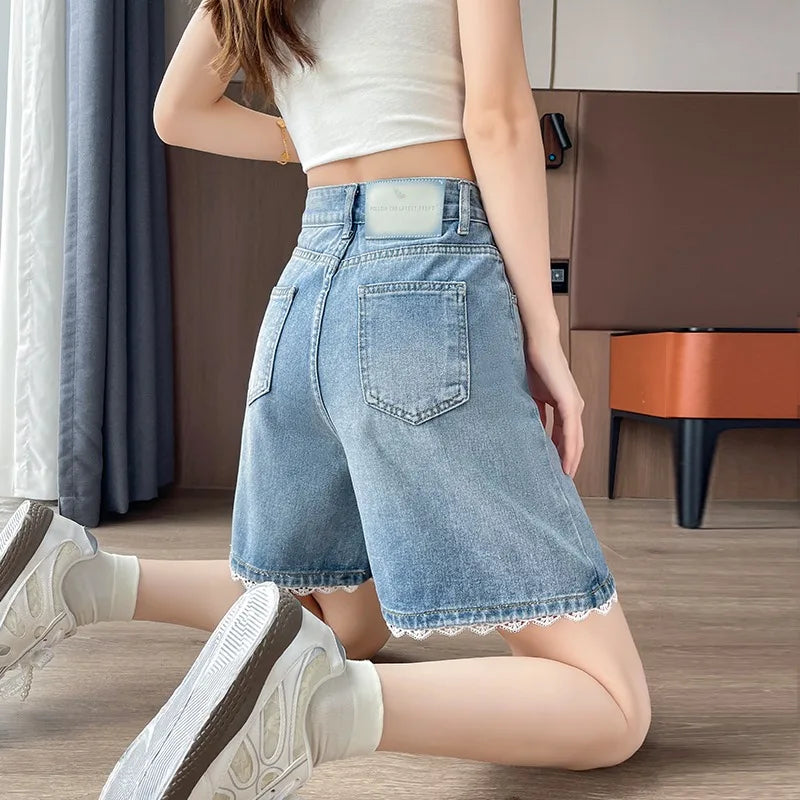 2026 Summer Women's High Waist Denim Shorts, Light Blue Lace Trim. Loose Fit, Slimming & Hide Leg Flaws