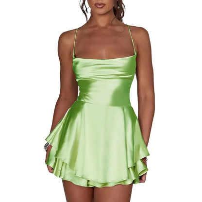 Summer Women Solid Color Cami Playsuits Cowl Neck Sleeveless Short Jumpsuits Dress Cross Tie-Up Backless Romper Clubwear