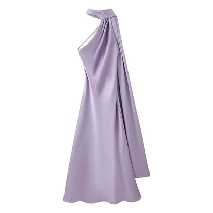 Elegant Long Silk Satin Dress Neck Hanging Pure Color Slim Fit Summer New Fashion Women's Dress City Commuting Casual Wedding