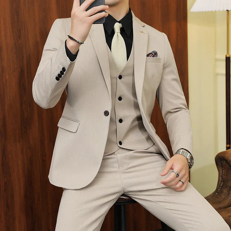 S-7XL Jacket Vest Pants Luxury Elasticity Boutique Fashion Men's Solid Color Casual Business Suit 3-piece Sets Groom Wedding