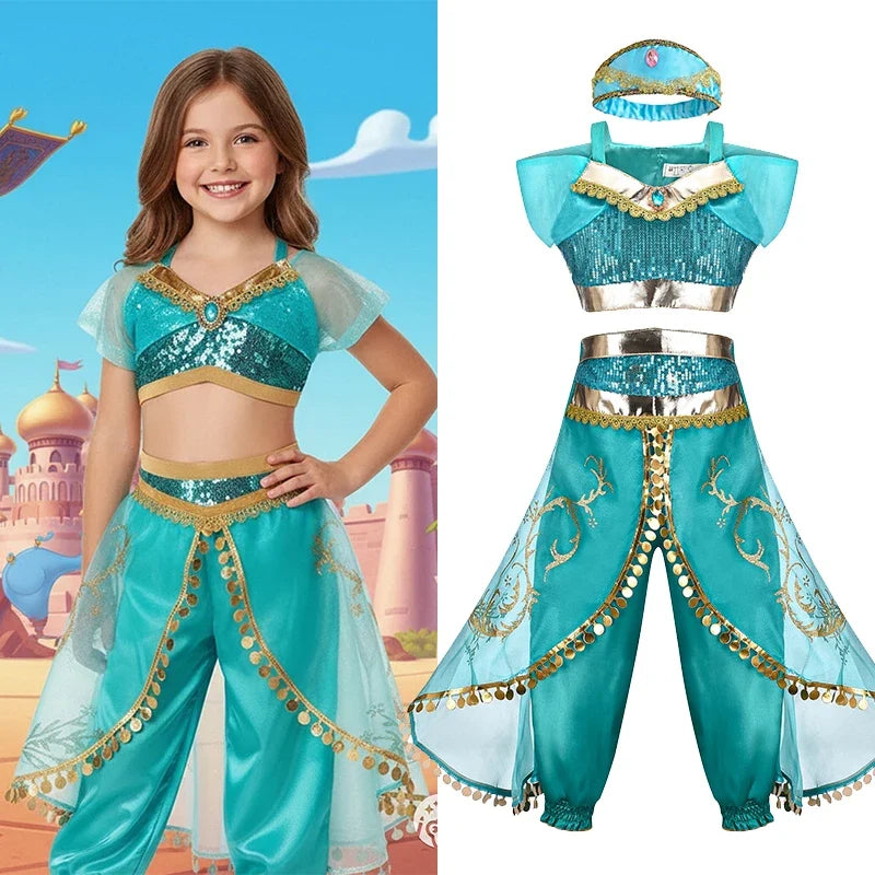 Jasmine Princess Dress for Girls Cosplay Aladdin Magic Lamp Costume Kids Halloween Birthday Carnival Party Vestidos