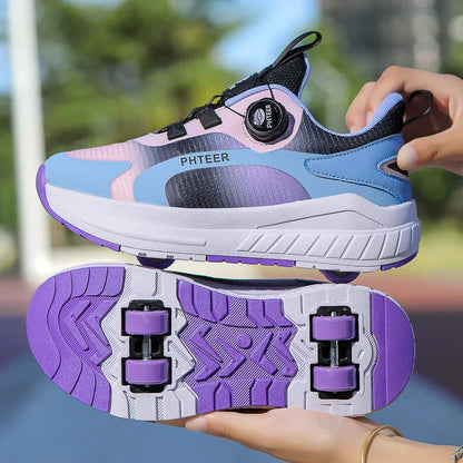 Kids Two Wheels Roller Skating Shoes With Light Magic Stick Walking Shoes Detachable Wheels Roller Skate Shoes For Teenagers
