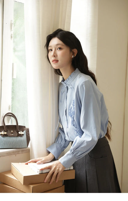 Coiled Flowers Embroidered Blue Shirt for Women Spring 2026 Stand Neck Lace-up Brushed Shirts Office Lady MXE44C2398