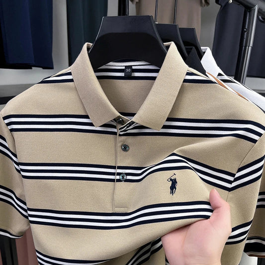 Men's Short Sleeve Embroidered Striped Polo Shirt Summer High End Brand Fashion Business Breathable Lapel T-shirt Men's Clothing