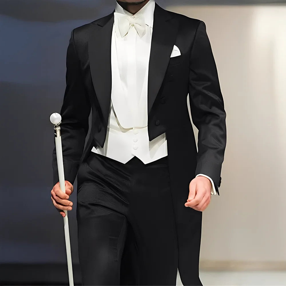 Men's Formal Performance Suit 3-Piece Black Tailcoat Vest Pants Slim Fit Set for Wedding Concert Hosting Program Custom Tuxedo