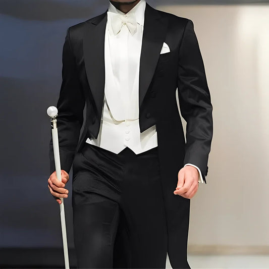 Men's Formal Performance Suit 3-Piece Black Tailcoat Vest Pants Slim Fit Set for Wedding Concert Hosting Program Custom Tuxedo