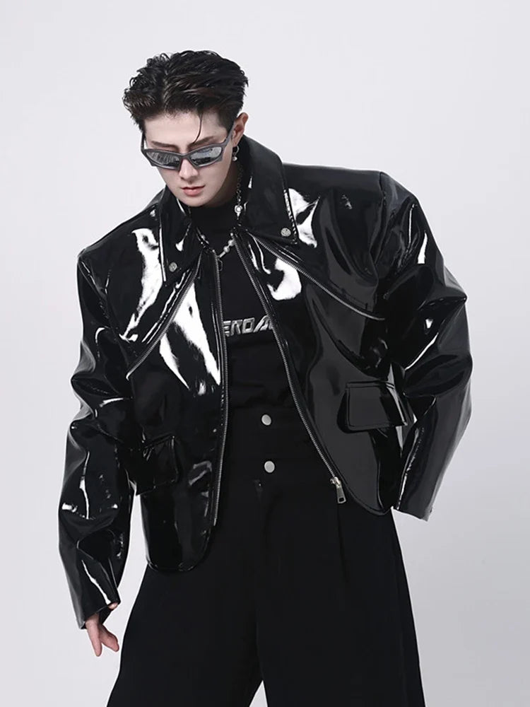 Spring Autumn Cool Loose Short Black Shiny Reflective Patent Faux Leather Jacket Men Zipper Luxury Designer Clothes