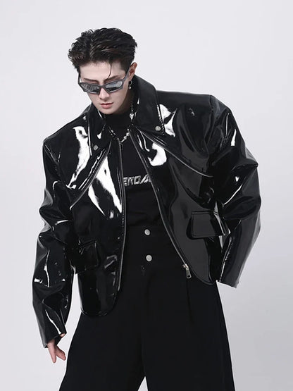 Spring Autumn Cool Loose Short Black Shiny Reflective Patent Faux Leather Jacket Men Zipper Luxury Designer Clothes