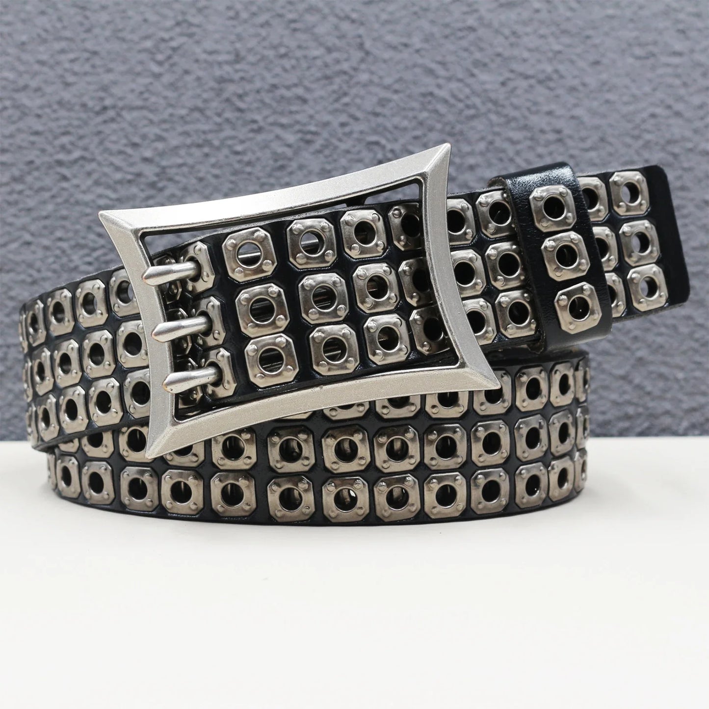 Rock Genuine Leather Luxury Punk Belt Jeans Heavy duty Hollow manual  Designer Brand Belt Men Rivet Three-pin buckle Belt Male