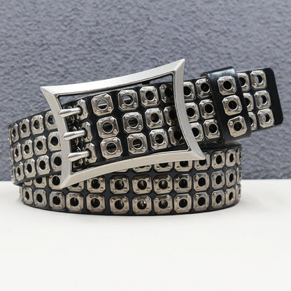 Rock Genuine Leather Luxury Punk Belt Jeans Heavy duty Hollow manual  Designer Brand Belt Men Rivet Three-pin buckle Belt Male