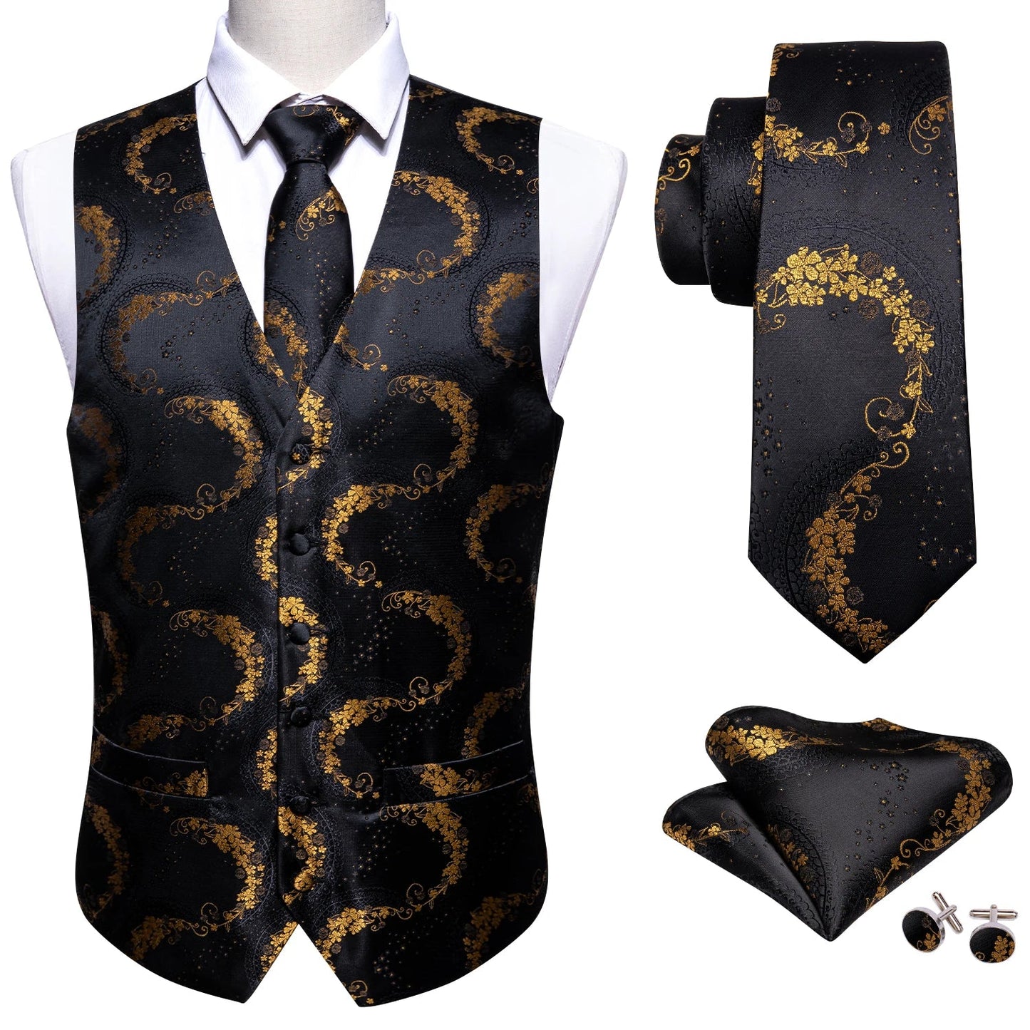 100 Colors Men Vest Tie Hanky Cufflinks Set Waistcoat Paisley Floral Jacquard Sleeveless Jacket Wedding Business
