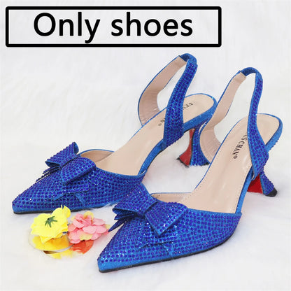 Bridal High Heels for Women 2023 Pointed Toe With Bows Gold Color Rhinestone  Elegant Party Wedding Shoe and Bag Set