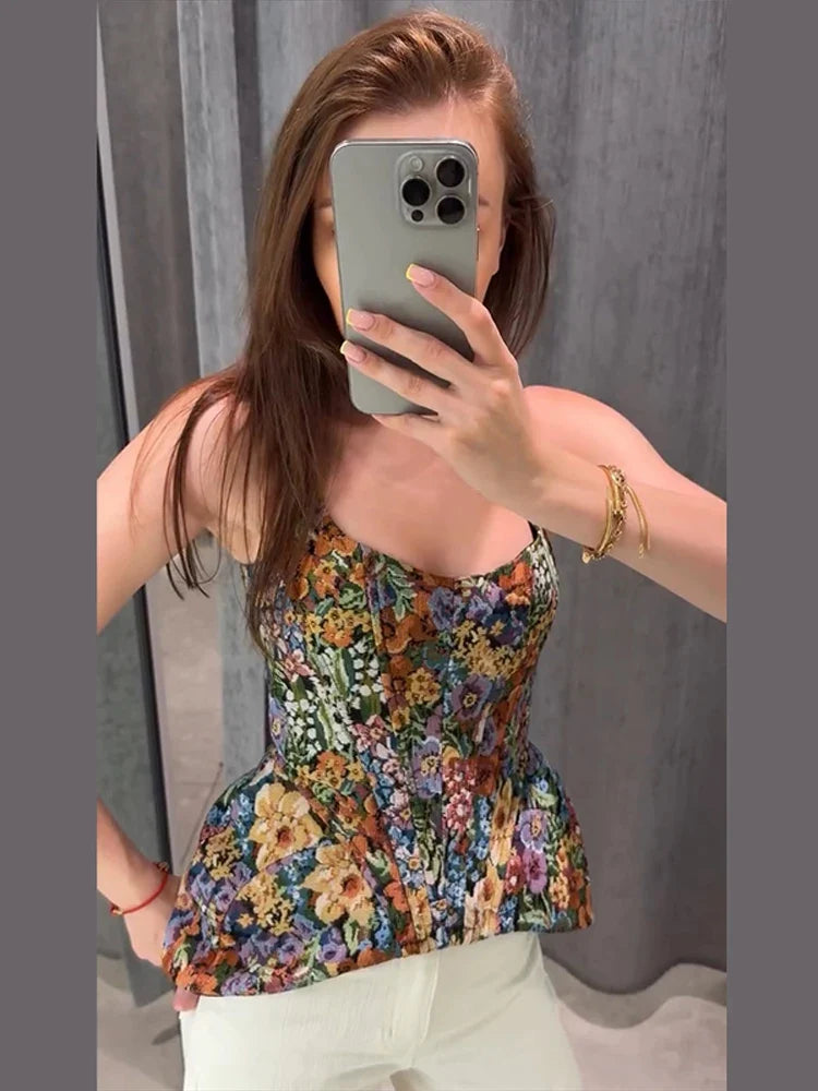 Sexy Print Sling Fishbone Corsets Women Backless Zipper Sleeveless Slim Tops Female 2026 Summer New Chic Evening Party Tanks