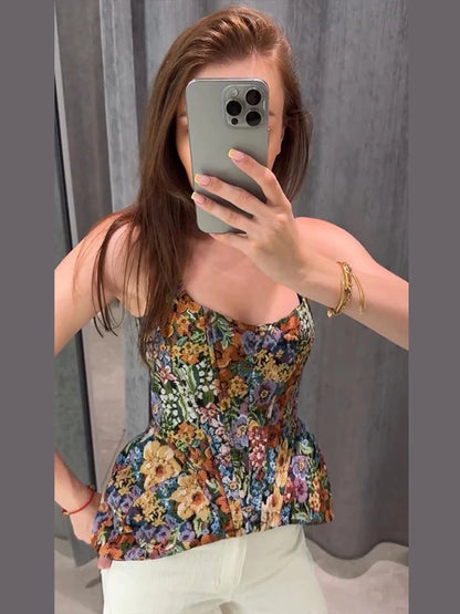 Sexy Print Sling Fishbone Corsets Women Backless Zipper Sleeveless Slim Tops Female 2026 Summer New Chic Evening Party Tanks