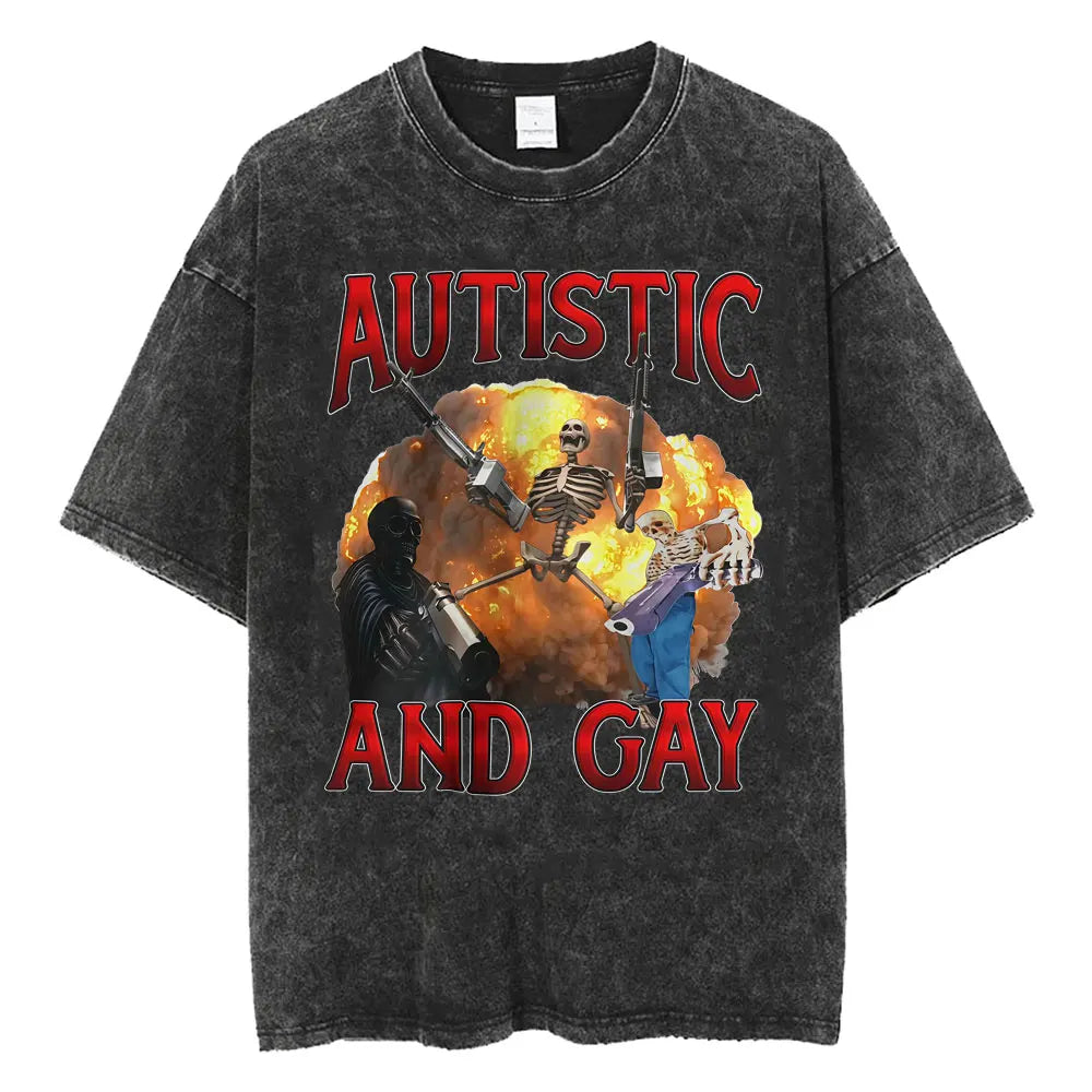Autism Skeleton Meme T Shirt Human Funny Skull Men Women Harajuku Gothic Vintage Washed T Shirts Oversized Casual Cotton T-shirt