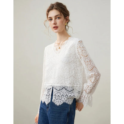 2025 Spring Elegant Hollow Lace Shirt Fashionable Pullover Shirt V-neck Long Sleeve Hooded Women's Shirt