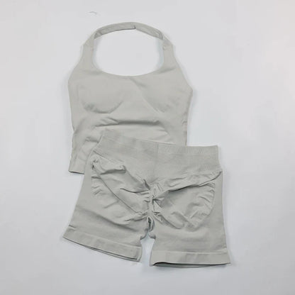 Seamless Yoga Set Womens Backless Halter Tank Top Ribbed Waist Gym Shorts 2 Piece Sets Women Outfit Workout Clothes