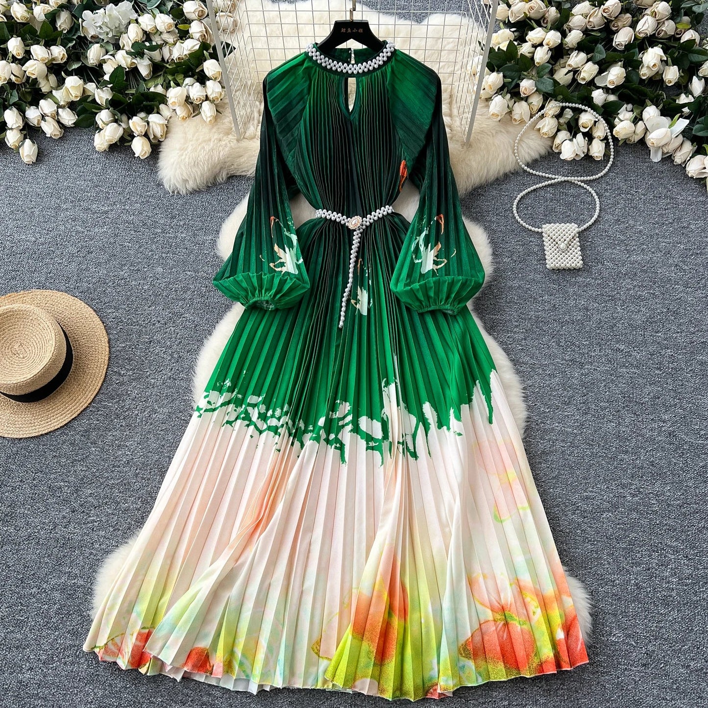 Ele High-End Women's Dr Faionable Beaded round Ne Hollow out Pleated Lantern Sve Waist Cinched Floral Print Lon...