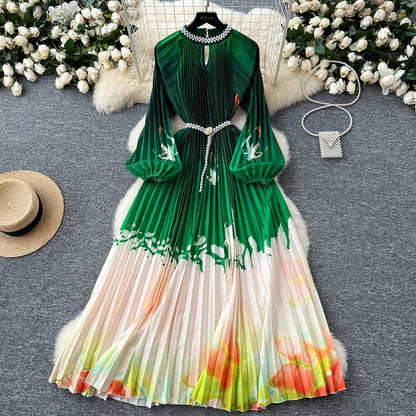 Ele High-End Women's Dr Faionable Beaded round Ne Hollow out Pleated Lantern Sve Waist Cinched Floral Print Lon...