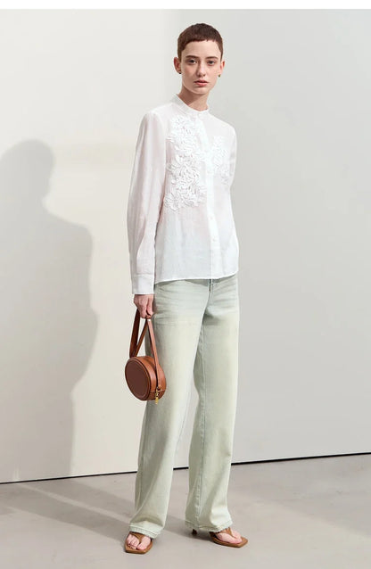 Minimalism Women Shirts 2024 Autumn New Chinese Stand Collar Lace Decal Shirt Fashion Female Shell Button Blouses 12443001