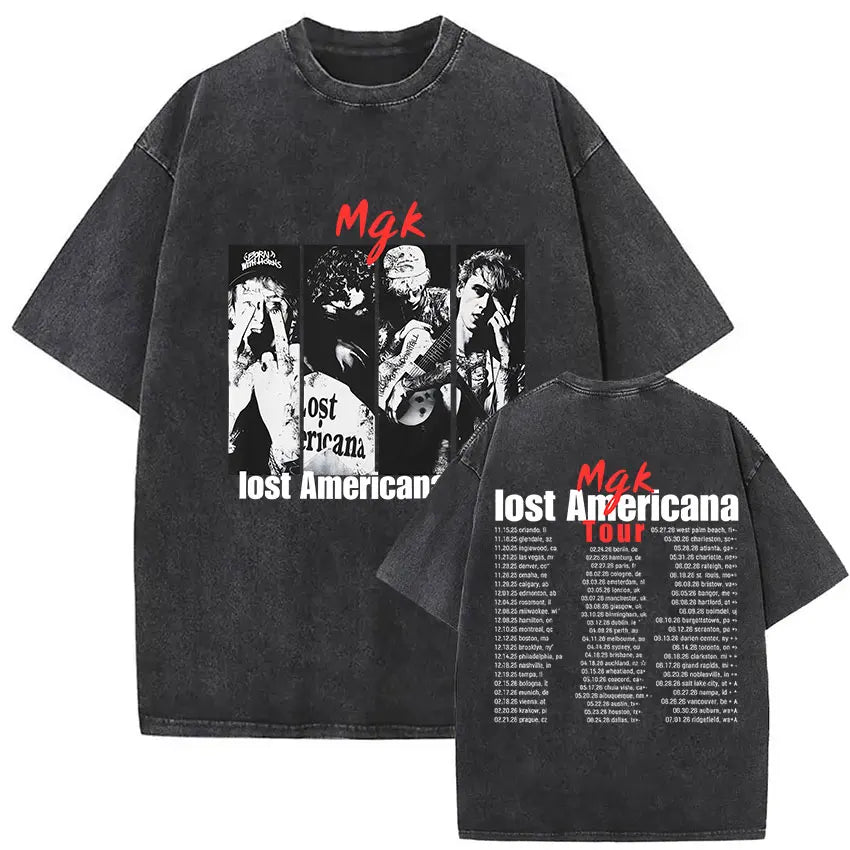 MGK Lost Americana Tour 2025-2026 Vintage Washed T Shirt Men Women Summer Fashion Cotton Short Sleeve T-shirt Fans Gift Clothing