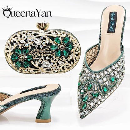 Nigerian Design Comfortable Women's Shoes with Diamond Oval Bag Women's High Heels for Party or Work