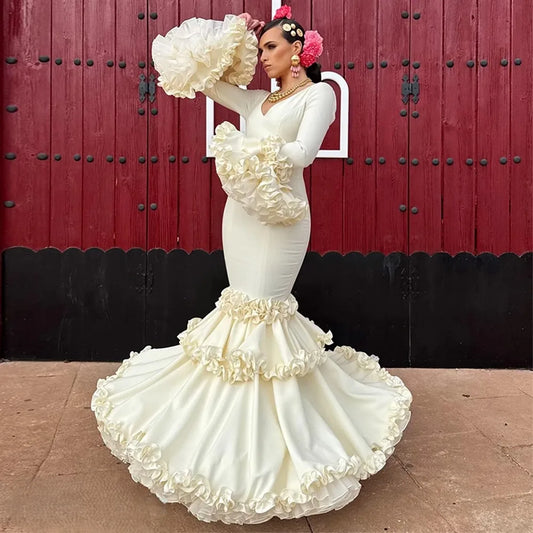 Customized Mermaid Jersey Backless Evening Dress Exquisite V-Neck Long Sleeves Prom Dresses Elegant Tiered Organza Party Gowns