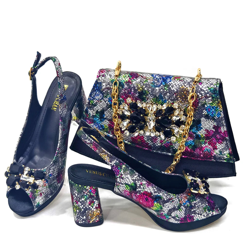 Italian Sandals and Bags Matching Set 2024 Women Heel Party for Gold Colour Wedding Bigger Size Thick Heel Shoes