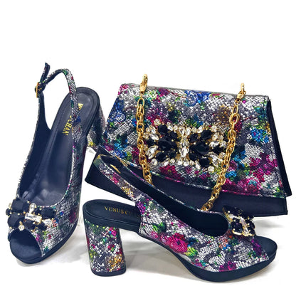 Italian Sandals and Bags Matching Set 2024 Women Heel Party for Gold Colour Wedding Bigger Size Thick Heel Shoes