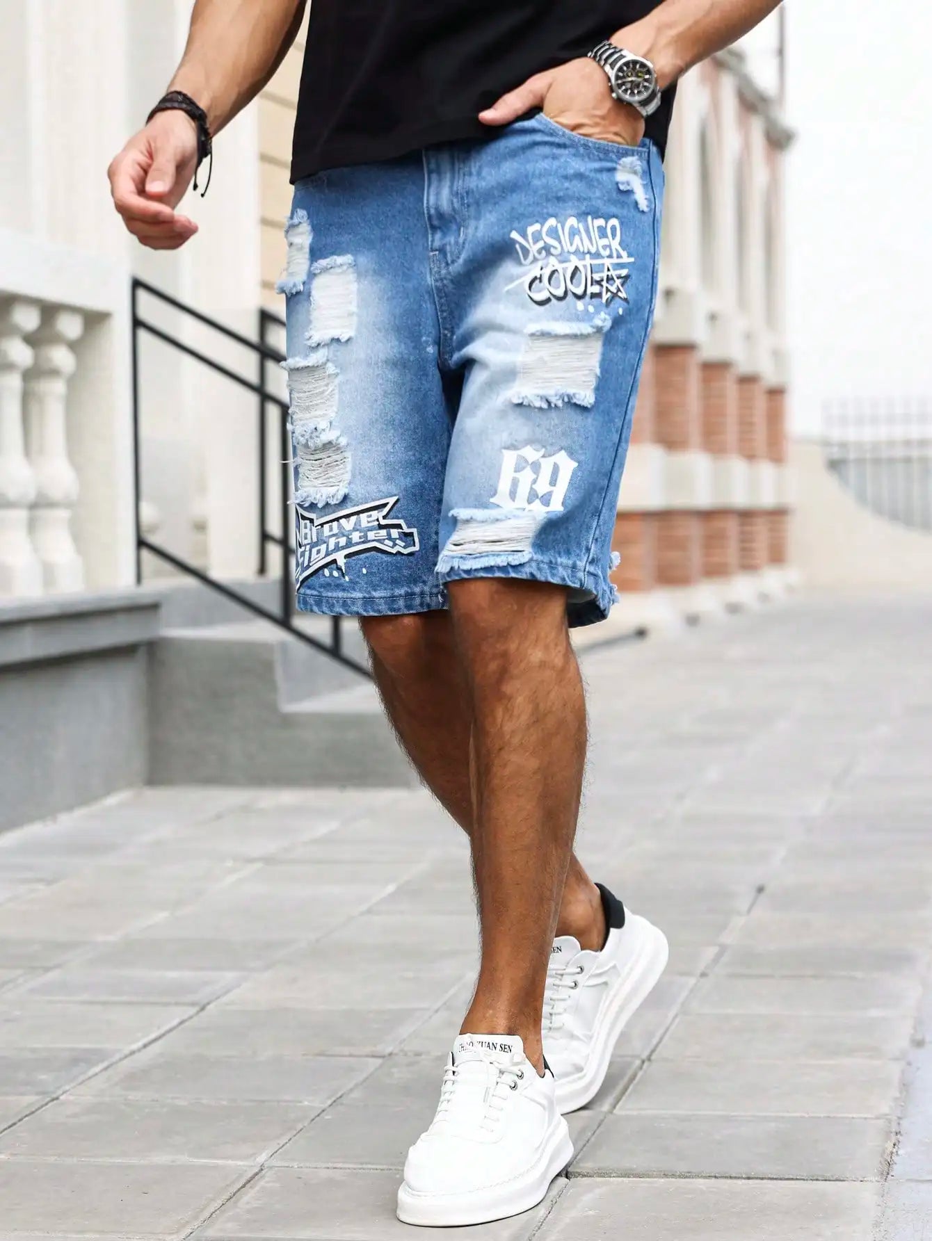 Men's Summer Blue Ripped Printed Denim Shorts. Trendy Ripped Design. Stylish Text Prints.