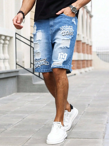 Men's Summer Blue Ripped Printed Denim Shorts. Trendy Ripped Design. Stylish Text Prints.
