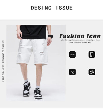 Summer New White Casual Men's Denim Shorts Ripped Fashion Loose Straight Street Bermuda Jeans Male Hole Short Pants