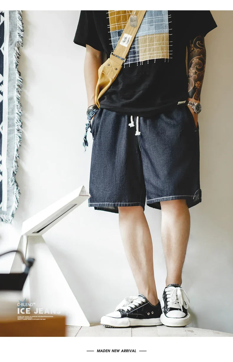 Vintage Cool-Touch Denim Shorts Men's Summer Lightweight Straight Leg Elastic Waist Jeans Shorts Breathable Casual Bottom