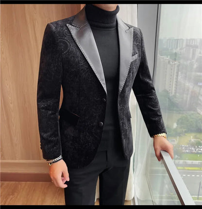 2025 Fashion Leather Neck Spliced Suit Jacket Luxury Men's Business Slim Fit Social Formal Blazers Coats Wedding Groom Tuxedos