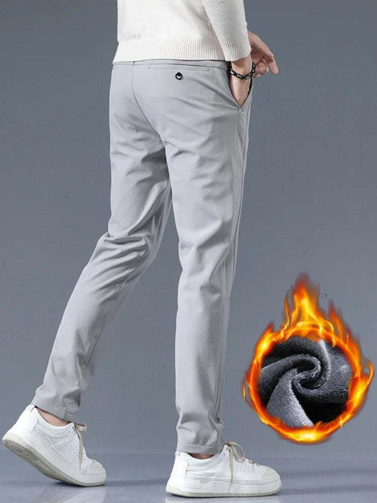 Winter Fleece Golf Casual Pants Men Business Slim Stretch Jogger Thick Trousers Korean Classic Elastic Waist Velvet Male Pants